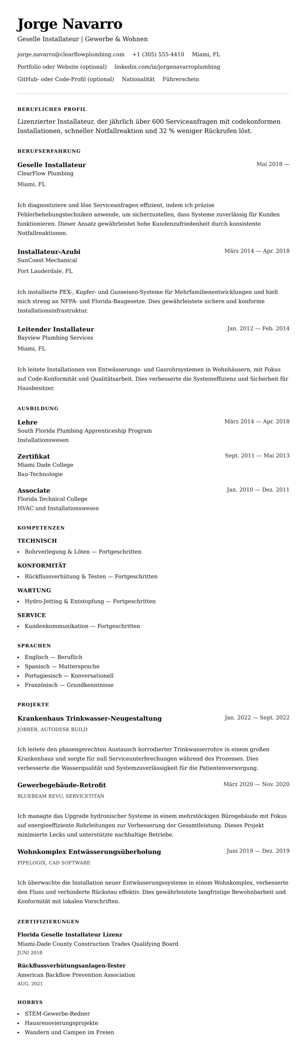 Installateur Lebenslauf-Beispiel