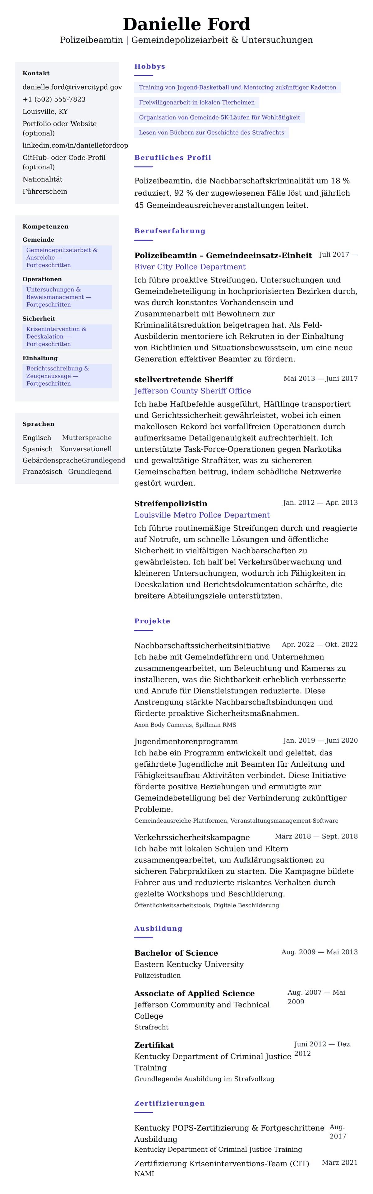 Lebenslaufvorschau für Polizeibeamter Lebenslauf-Beispiel