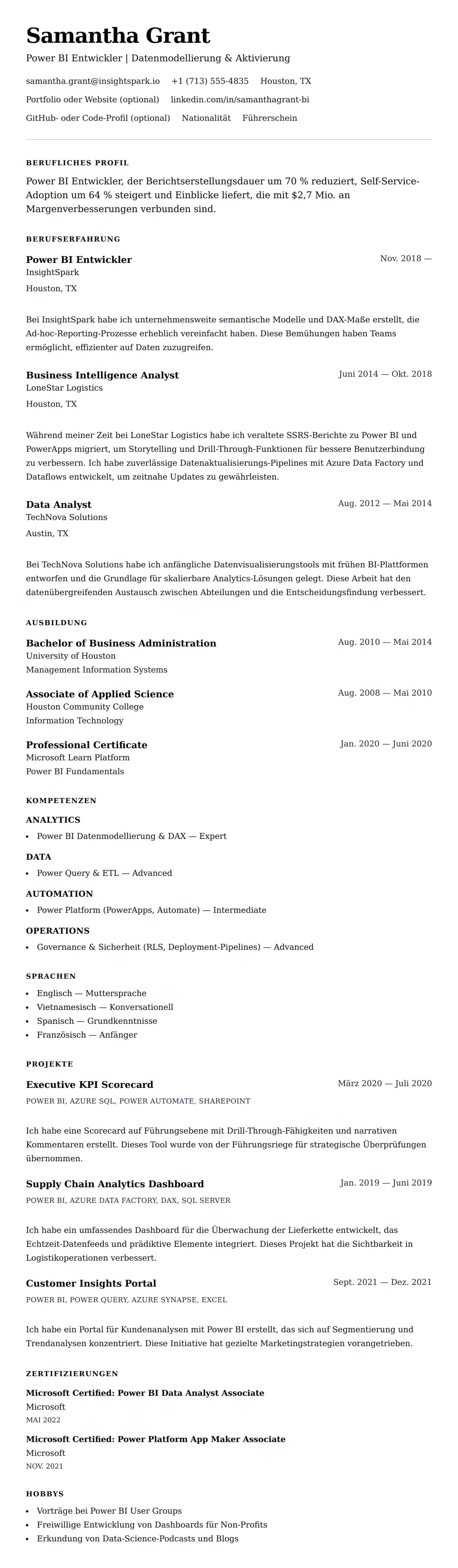 Lebenslaufvorschau für Power BI Entwickler Lebenslauf-Beispiel