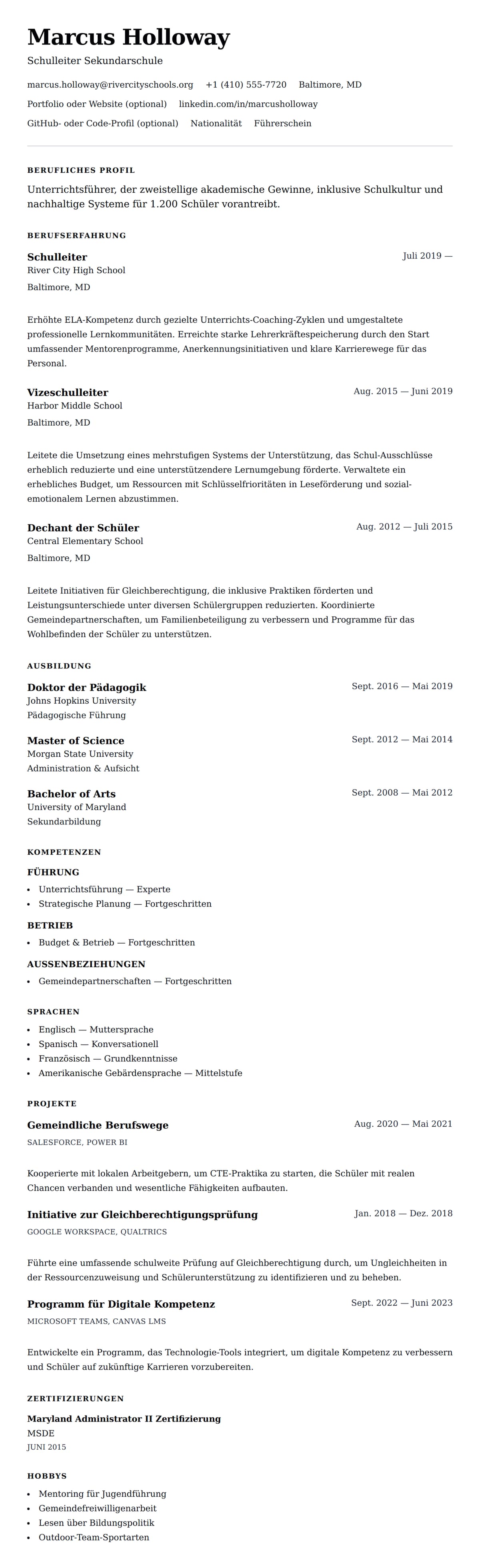 Lebenslaufvorschau für Beispiel-Lebenslauf für Schulleiter