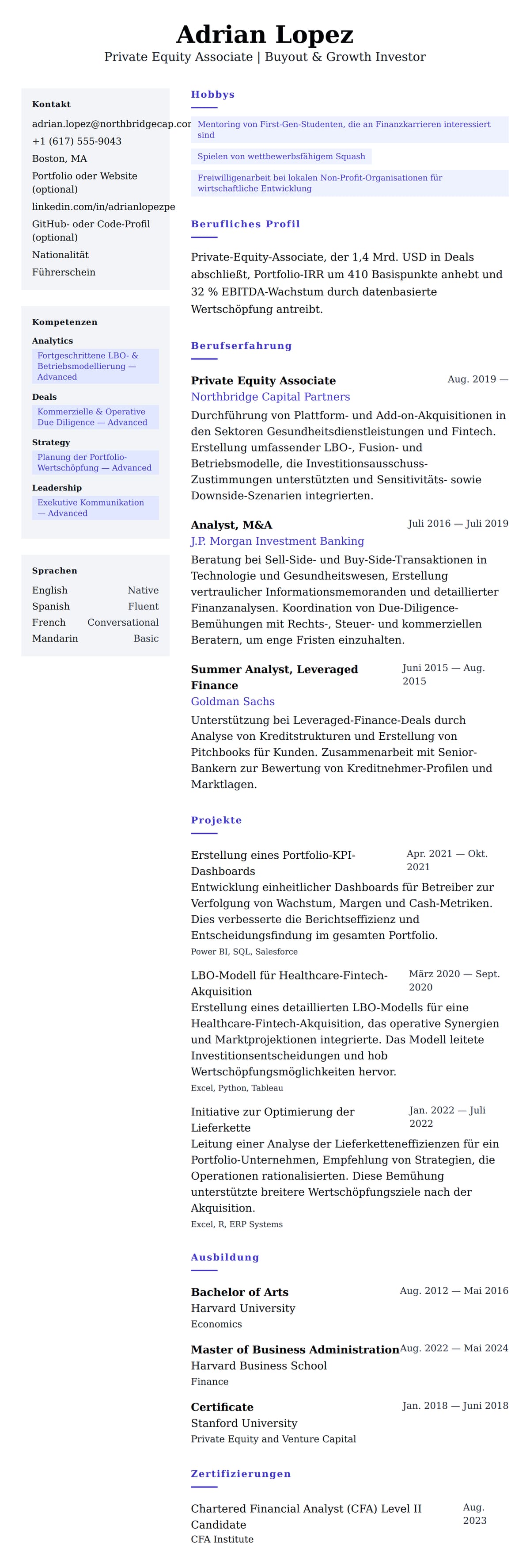 Lebenslaufvorschau für Private Equity Associate Lebenslauf-Beispiel