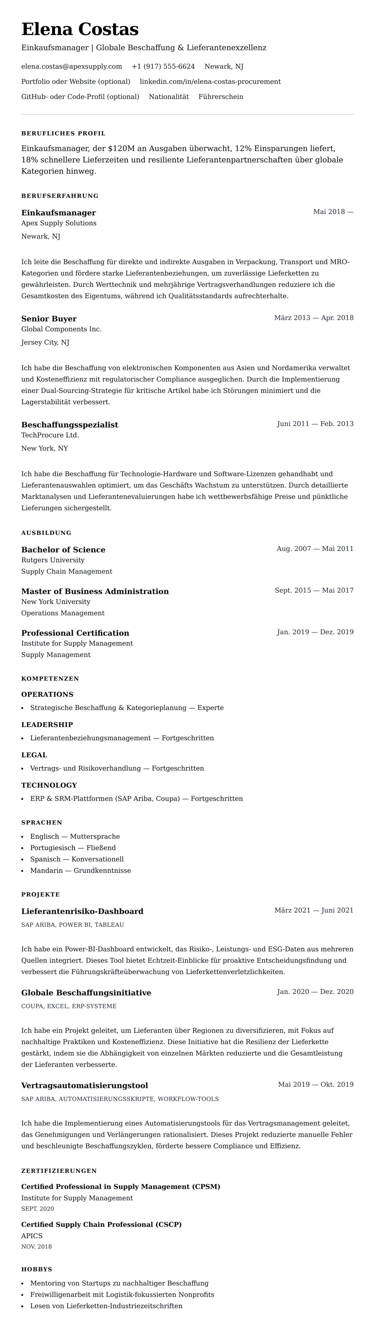 Lebenslaufvorschau für Einkaufsmanager Lebenslauf-Beispiel