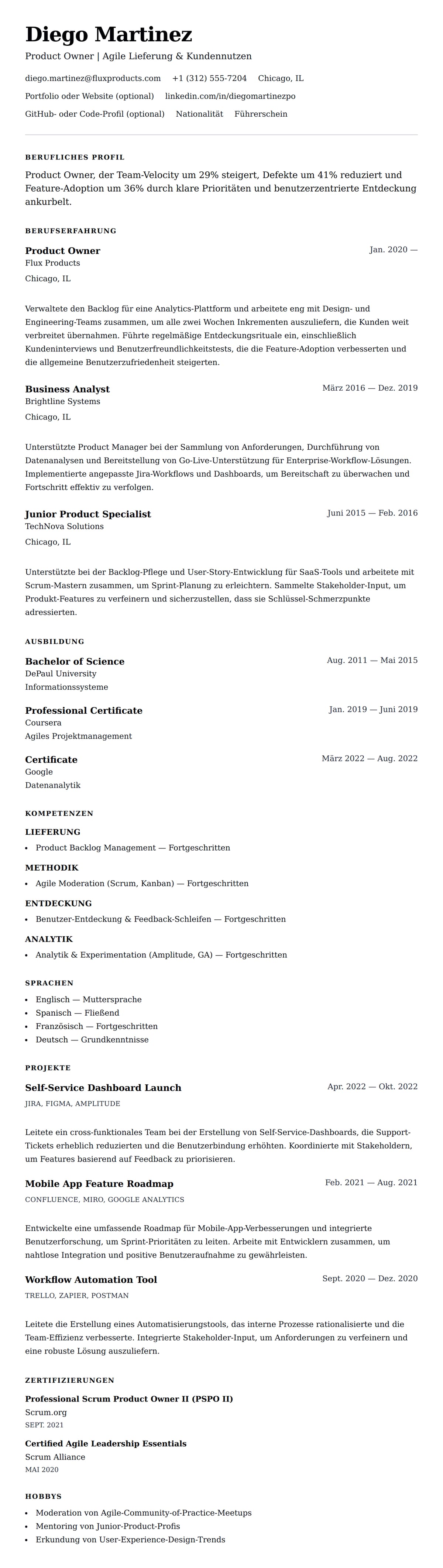 Lebenslaufvorschau für Product Owner Lebenslauf-Beispiel