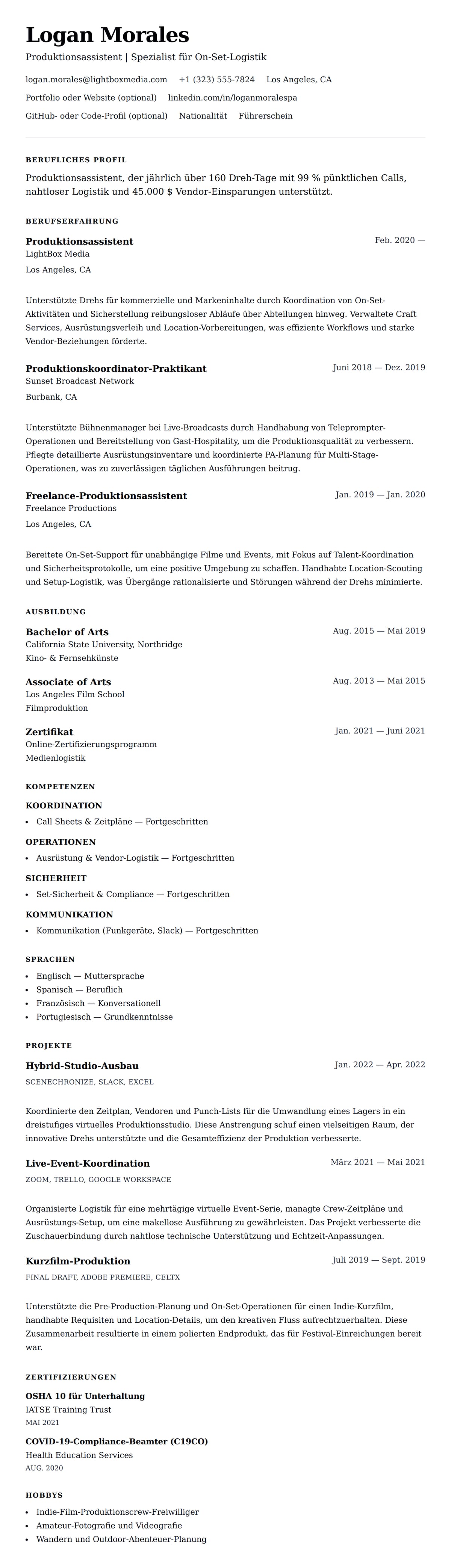 Lebenslaufvorschau für Beispiel-Lebenslauf für Produktionsassistent