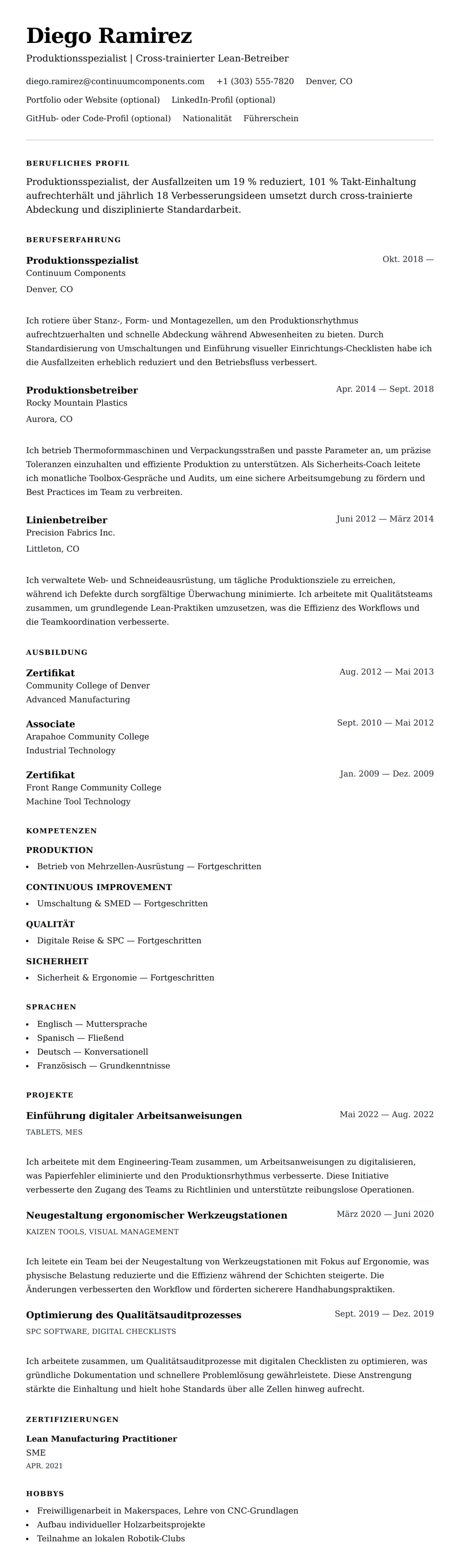 Lebenslaufvorschau für Beispiel-Lebenslauf für Produktionsspezialist