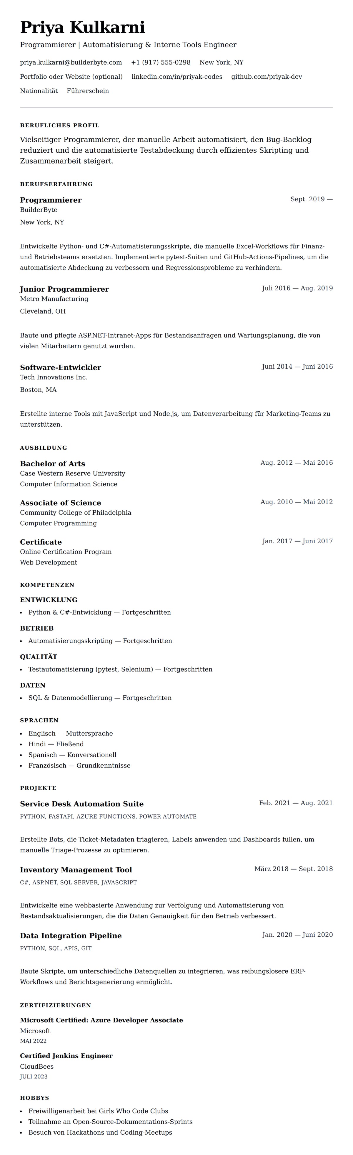 Lebenslaufvorschau für Programmierer-Lebenslauf-Beispiel