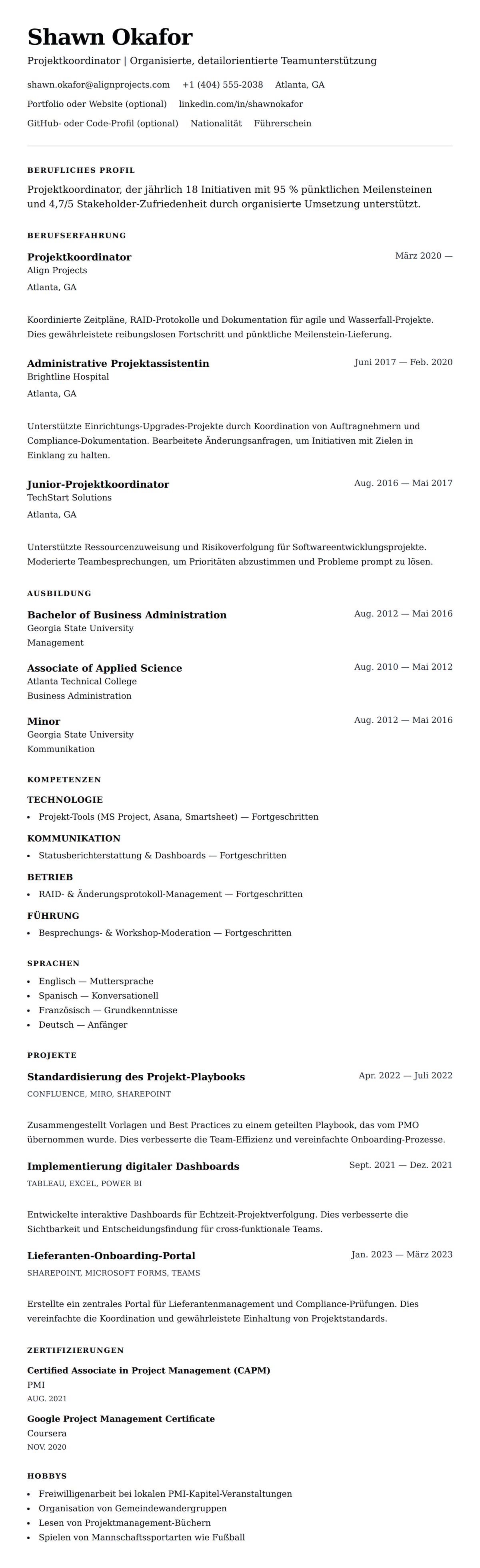 Lebenslaufvorschau für Beispiel für einen Lebenslauf als Projektkoordinator