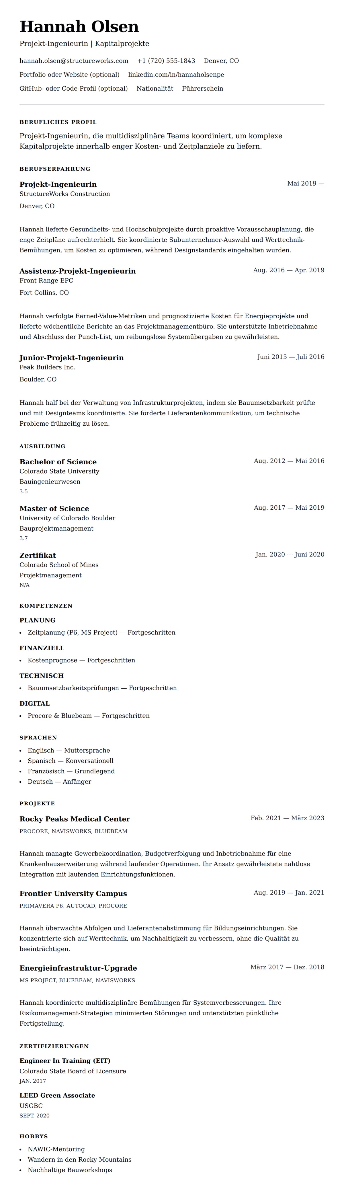 Lebenslaufvorschau für Beispiel für einen Lebenslauf als Projekt-Ingenieur