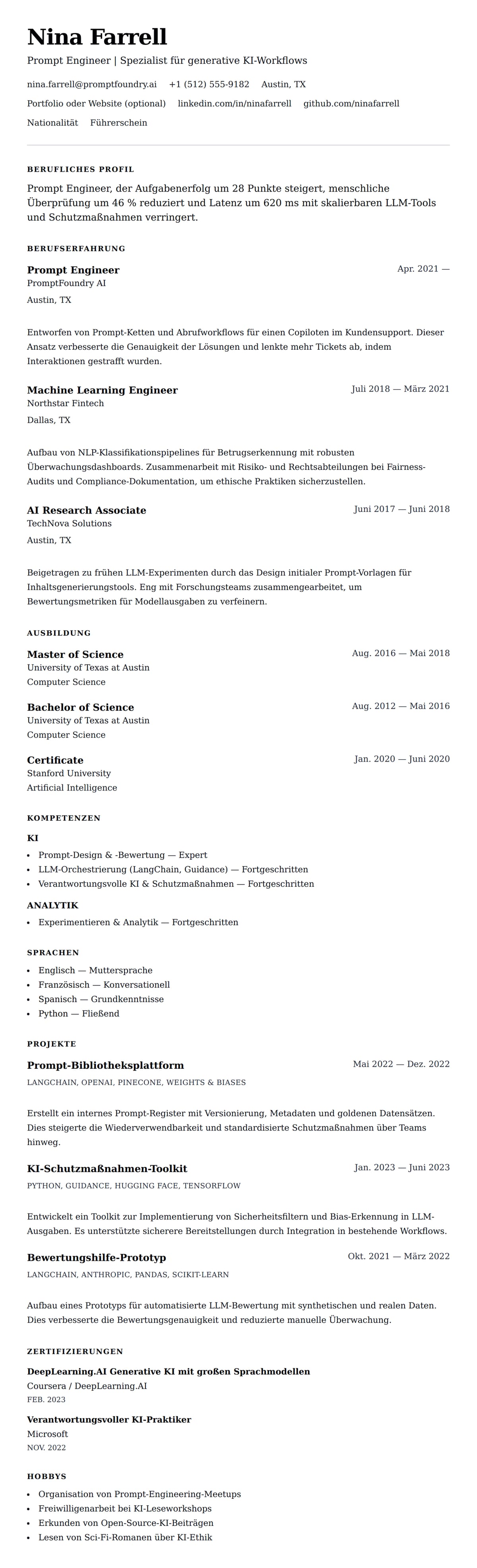 Lebenslaufvorschau für Lebenslaufbeispiel für Prompt Engineer