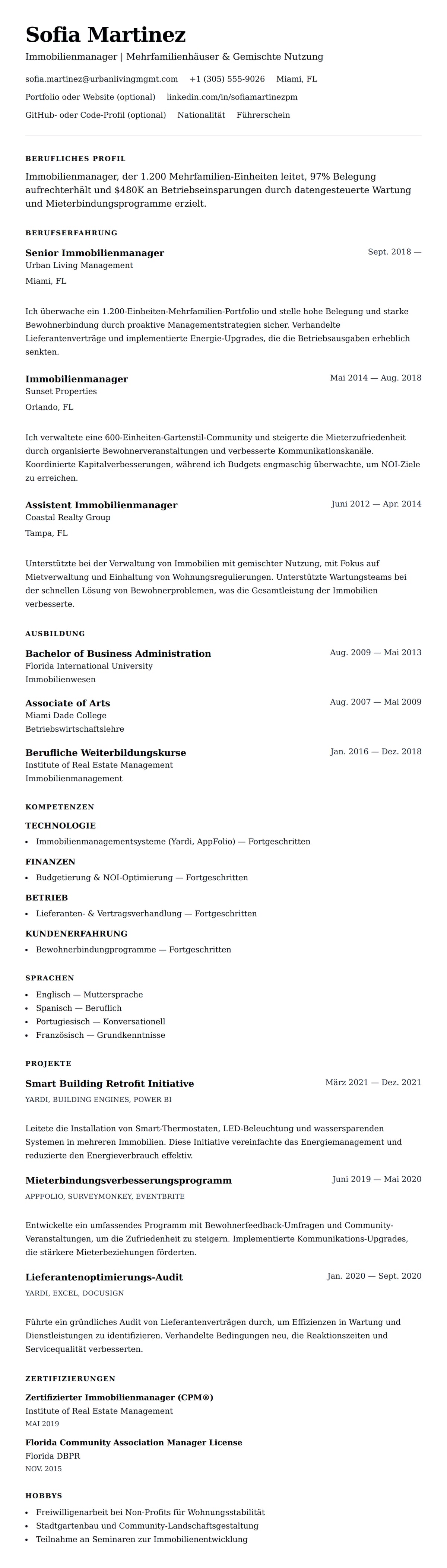 Lebenslaufvorschau für Immobilienmanager Lebenslauf-Beispiel