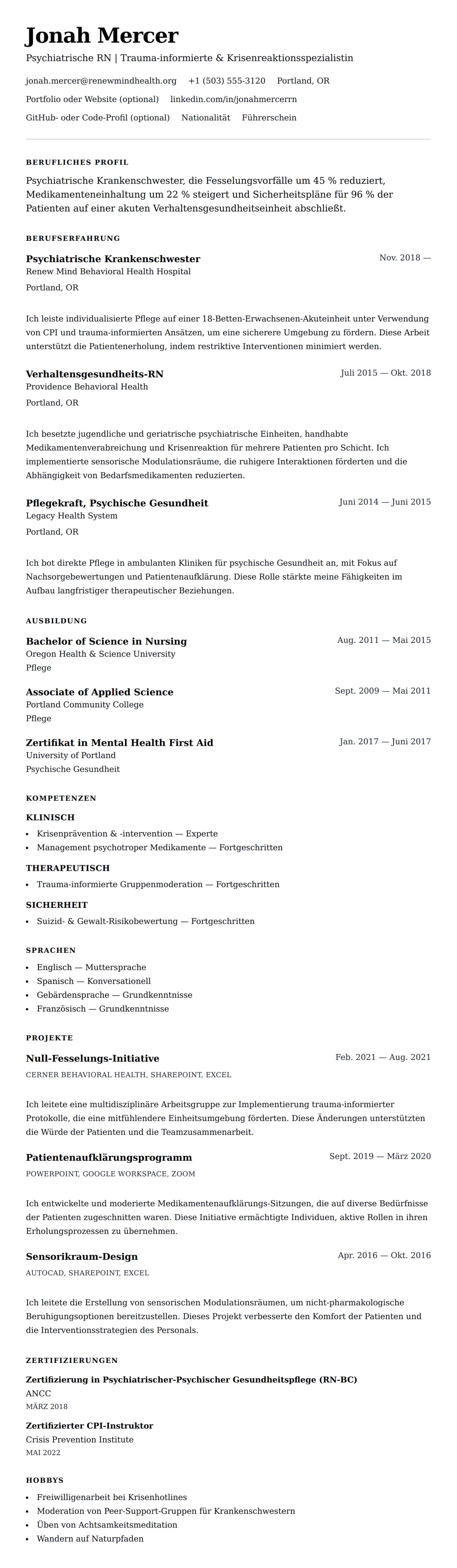 Lebenslaufvorschau für Psychiatrische Krankenschwester Lebenslauf-Beispiel