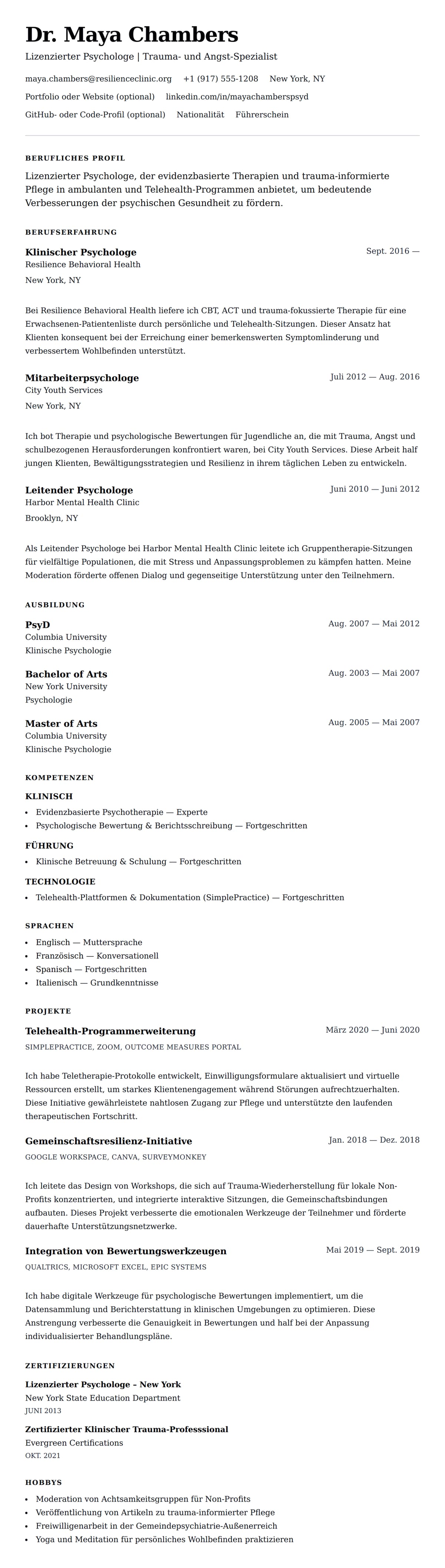 Lebenslaufvorschau für Psychologe Lebenslauf-Beispiel