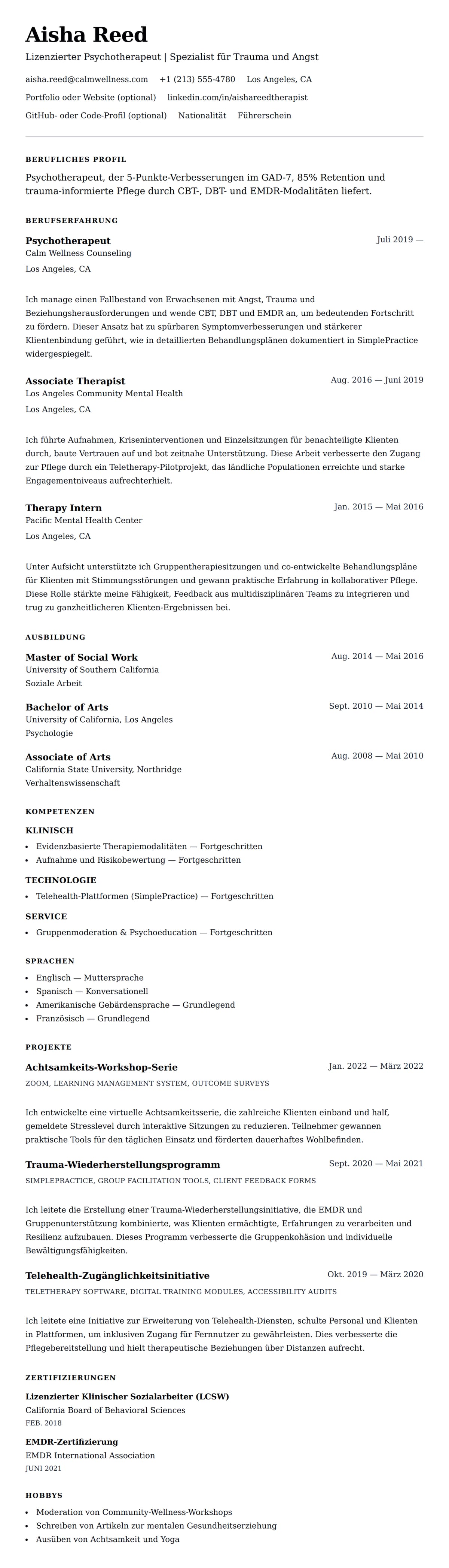 Lebenslaufvorschau für Psychotherapeut Lebenslauf-Beispiel