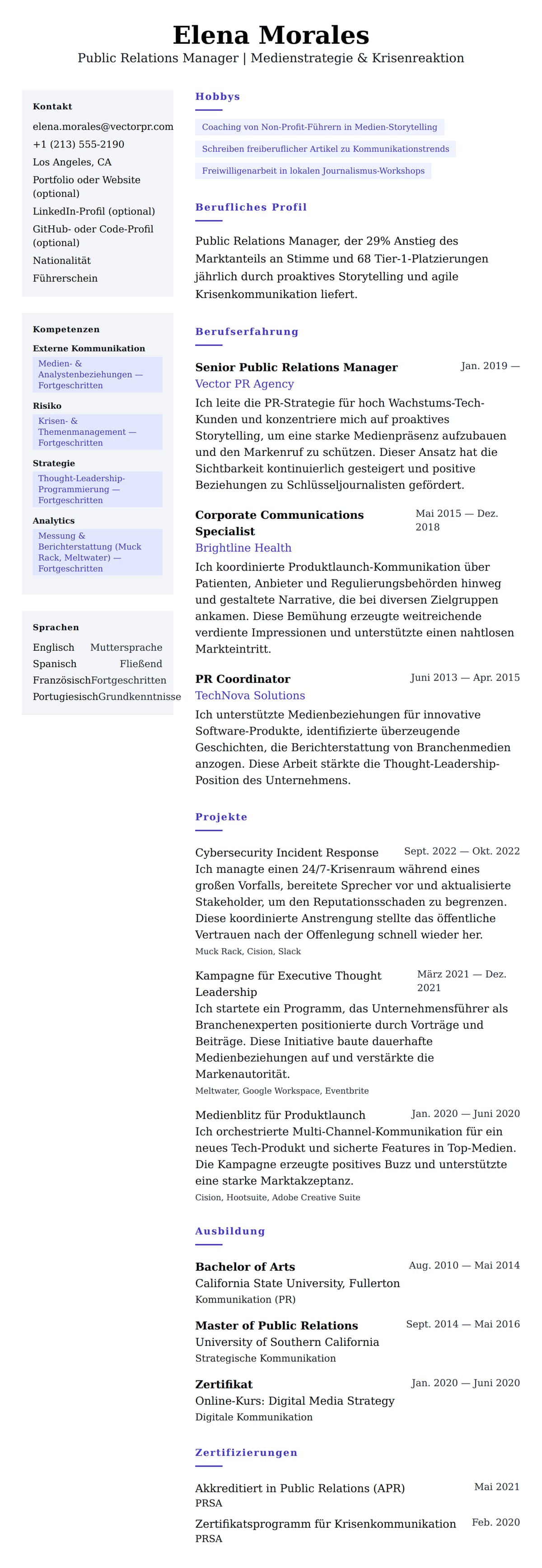 Lebenslaufvorschau für Lebenslauf-Beispiel für Public Relations Manager