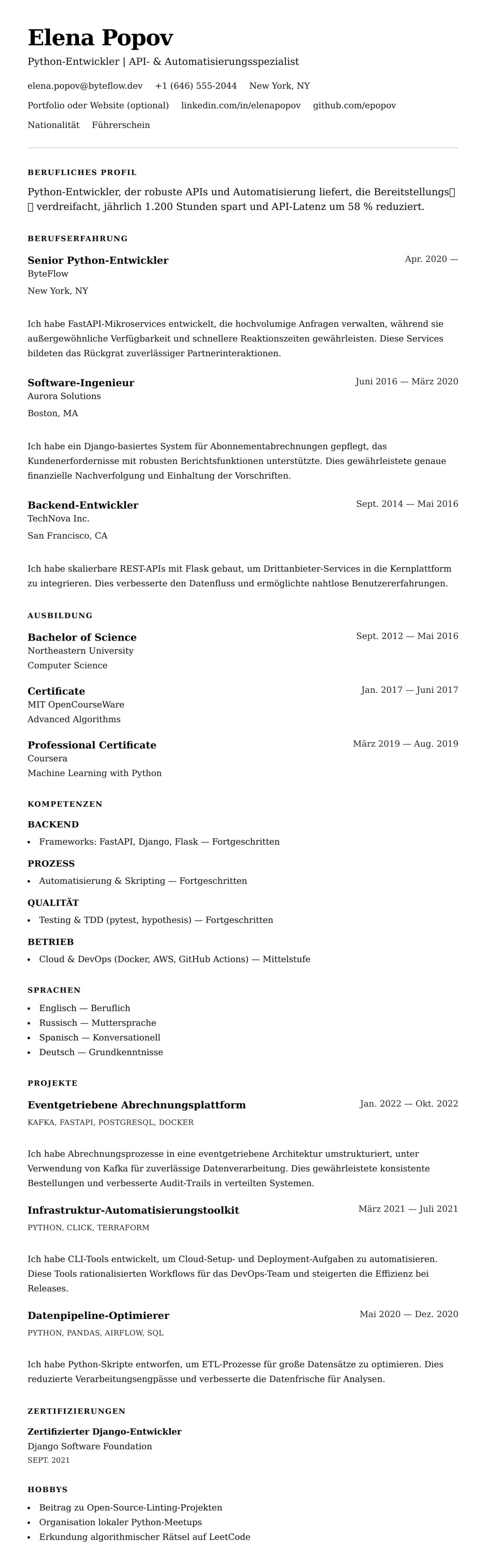 Lebenslaufvorschau für Lebenslauf-Beispiel für Python-Entwickler