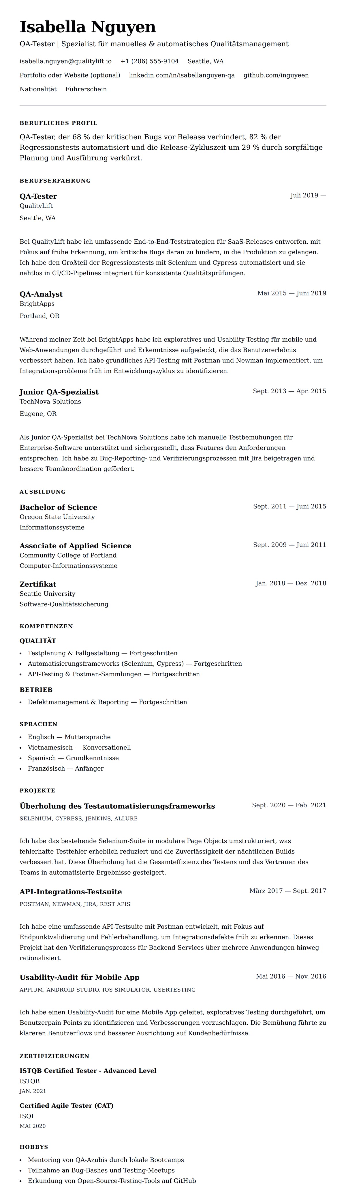 Lebenslaufvorschau für QA-Tester-Lebenslaufbeispiel