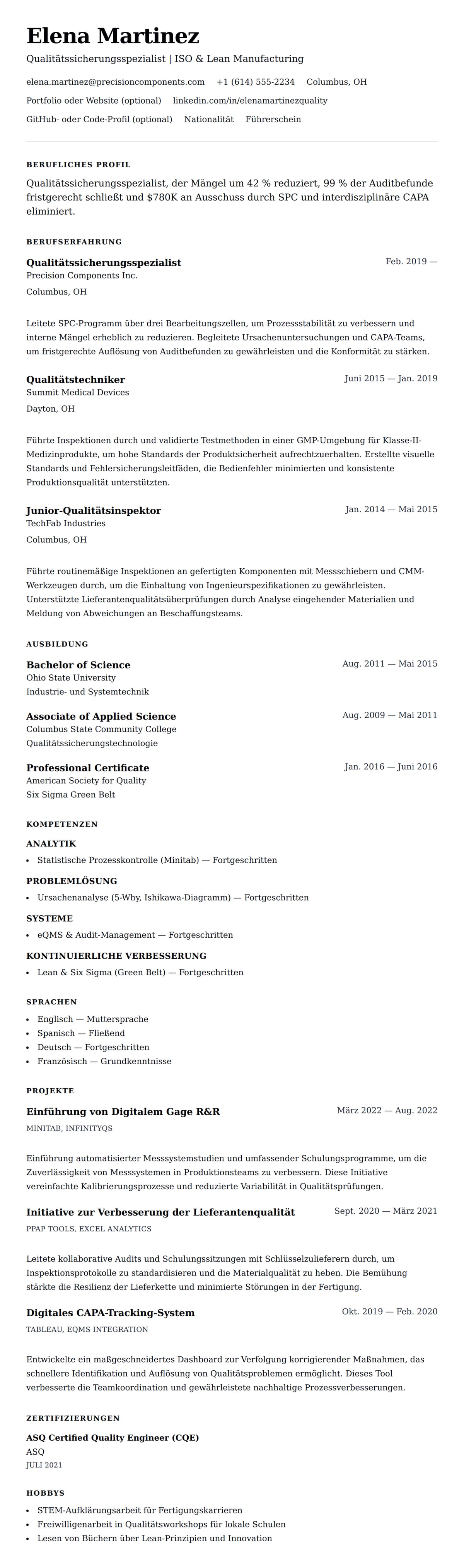 Lebenslaufvorschau für Lebenslaufbeispiel für Qualitätssicherungsspezialist