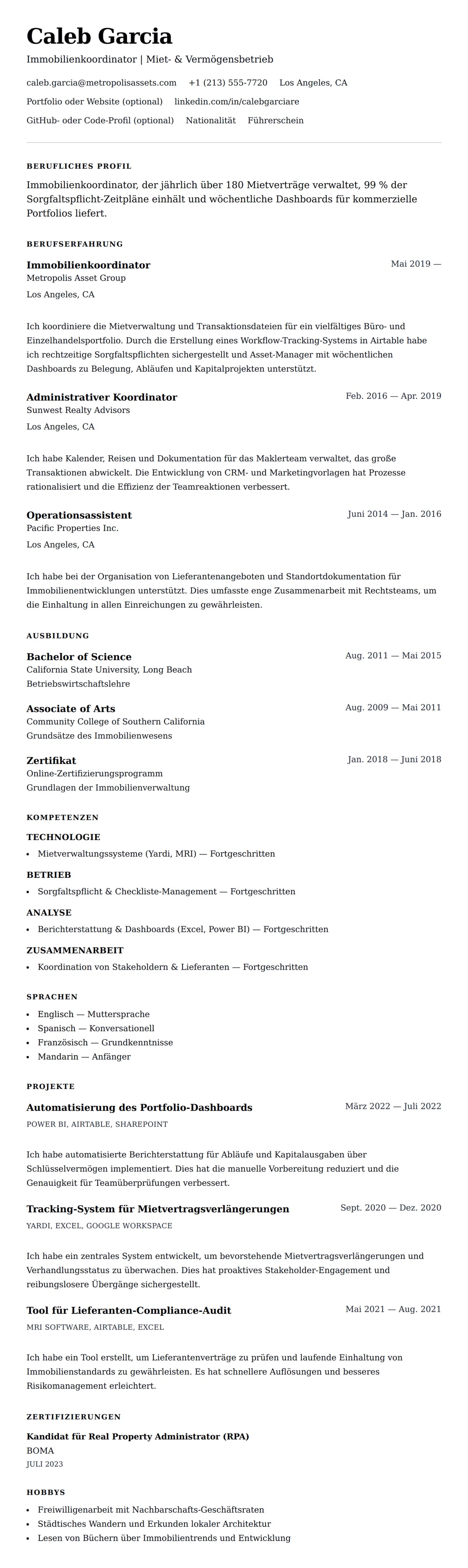 Lebenslaufvorschau für Lebenslaufbeispiel für Immobilienkoordinator