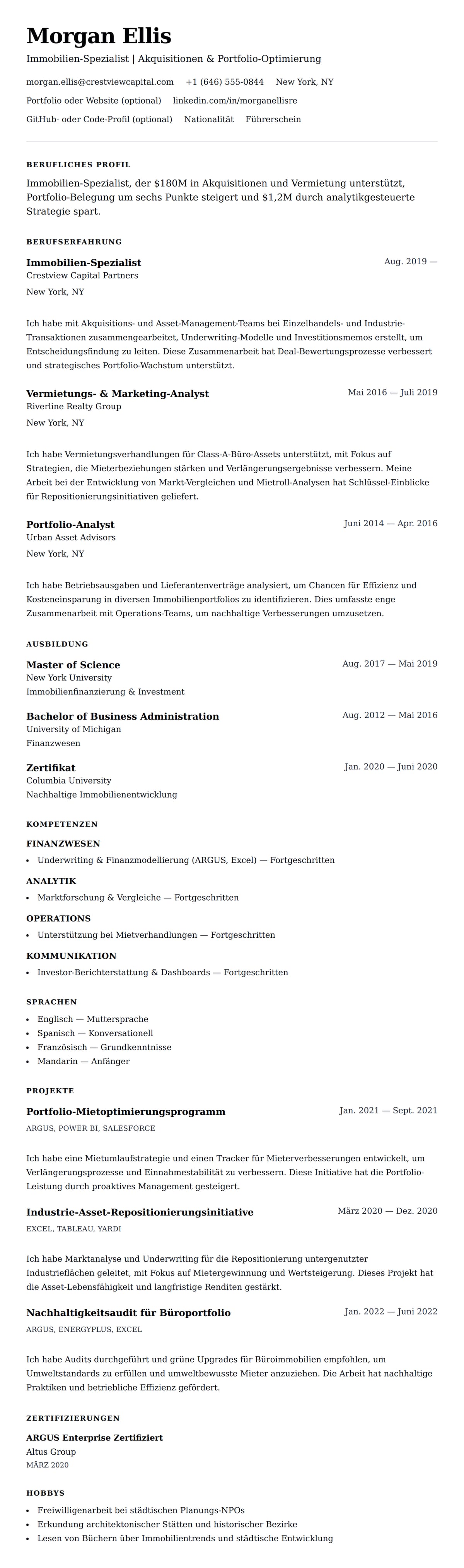 Lebenslaufvorschau für Beispiel-Lebenslauf für Immobilien-Spezialist