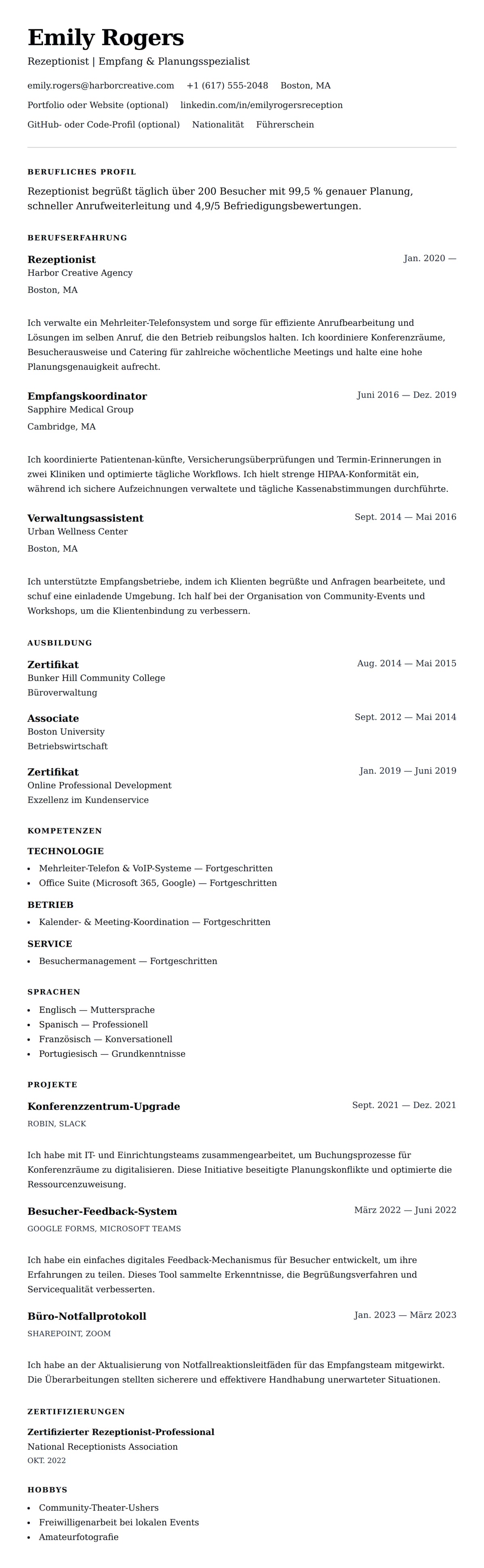 Lebenslaufvorschau für Rezeptionist-Lebenslauf-Beispiel