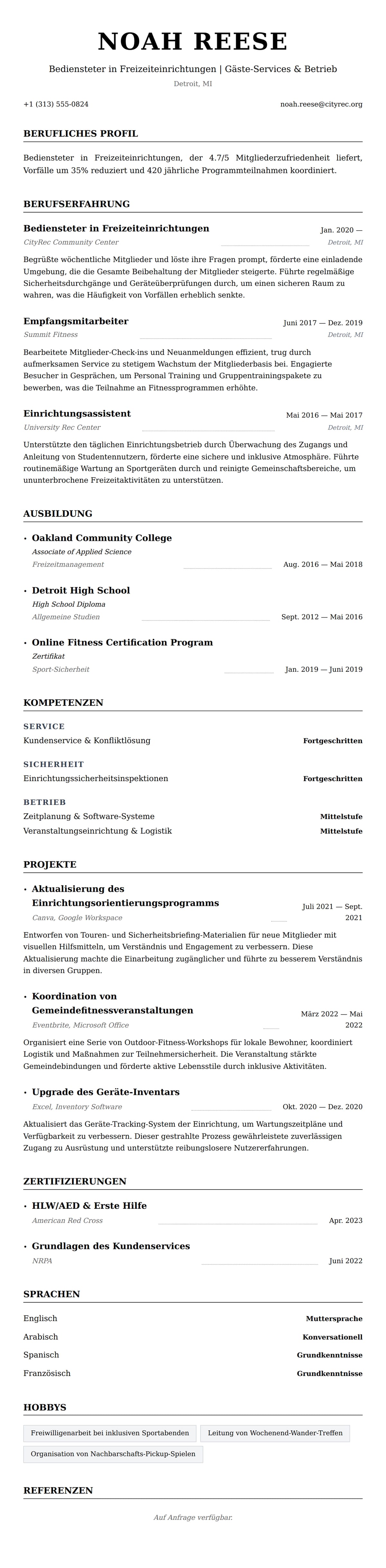 Lebenslaufvorschau für Lebenslaufbeispiel für Bediensteten in Freizeiteinrichtungen