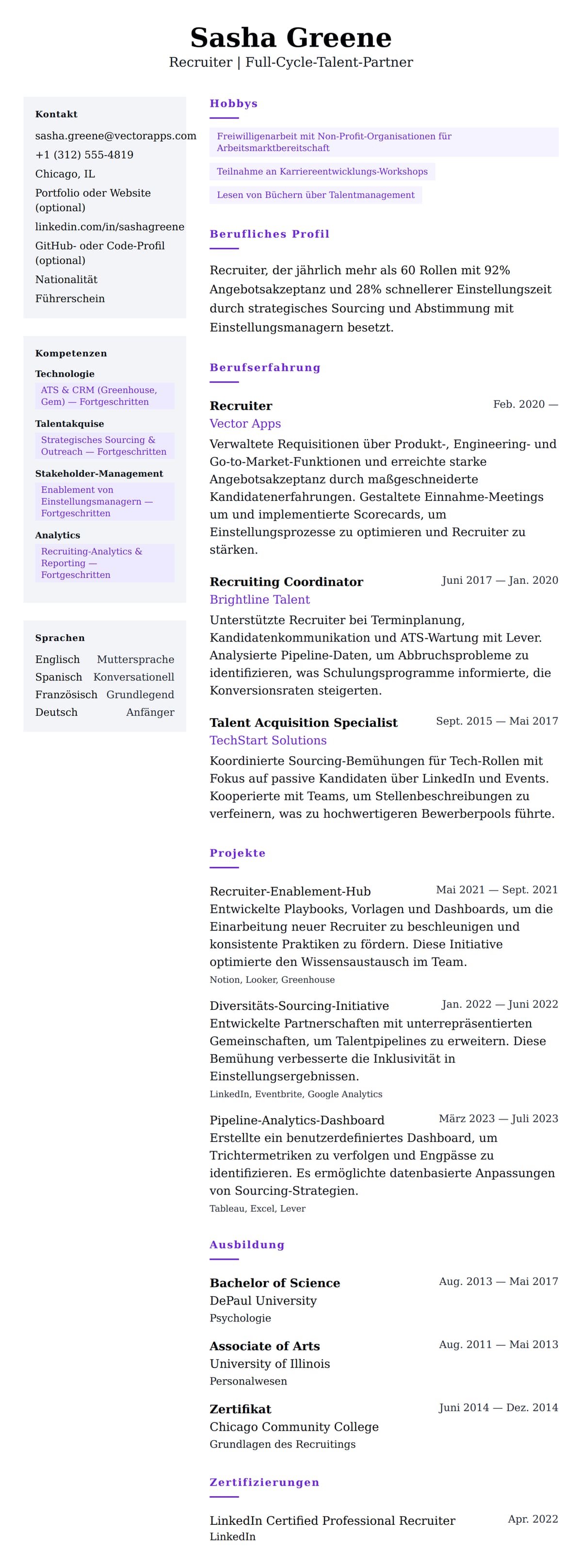 Lebenslaufvorschau für Recruiter-Lebenslauf-Beispiel