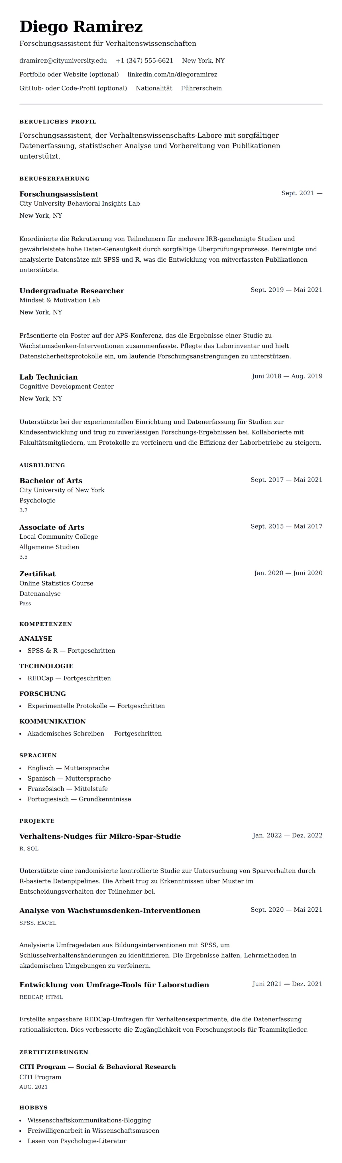 Lebenslaufvorschau für Beispiel-Lebenslauf für Forschungsassistent