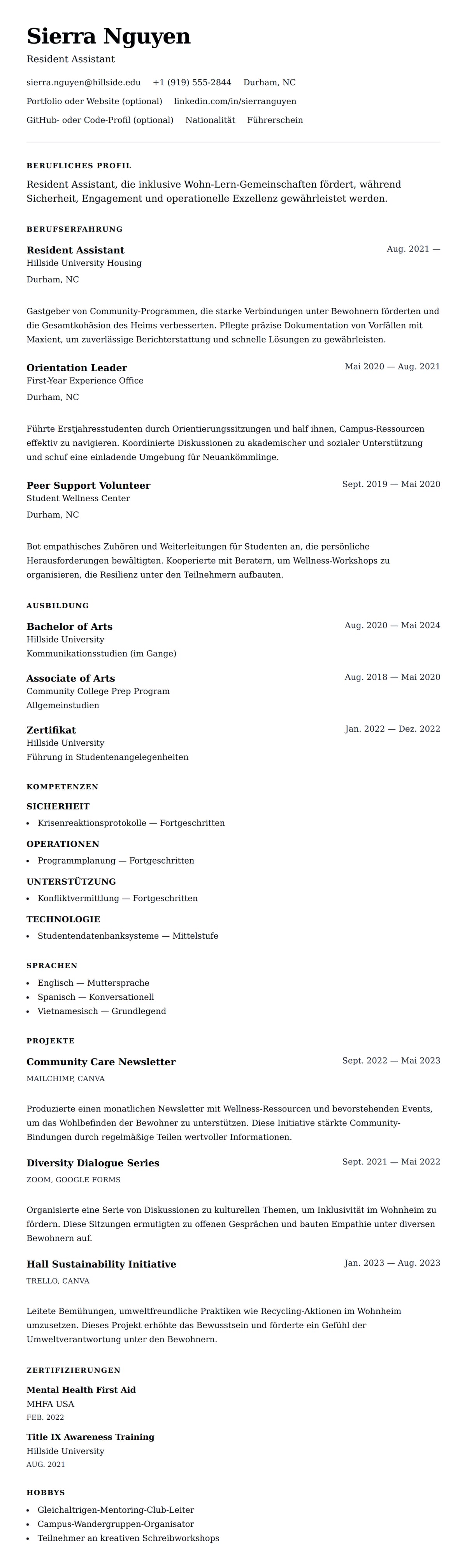 Lebenslaufvorschau für Resident Assistant Lebenslauf-Beispiel