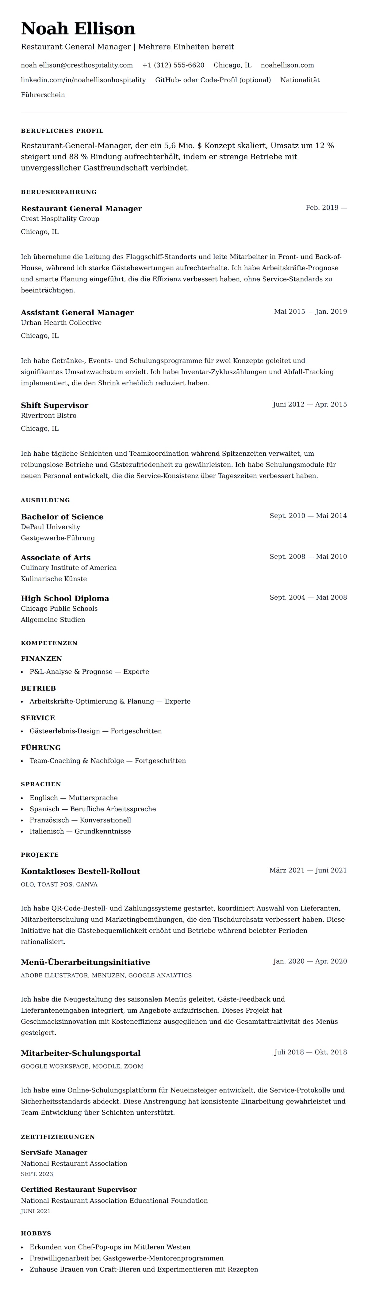 Lebenslaufvorschau für Restaurant Manager Lebenslauf-Beispiel