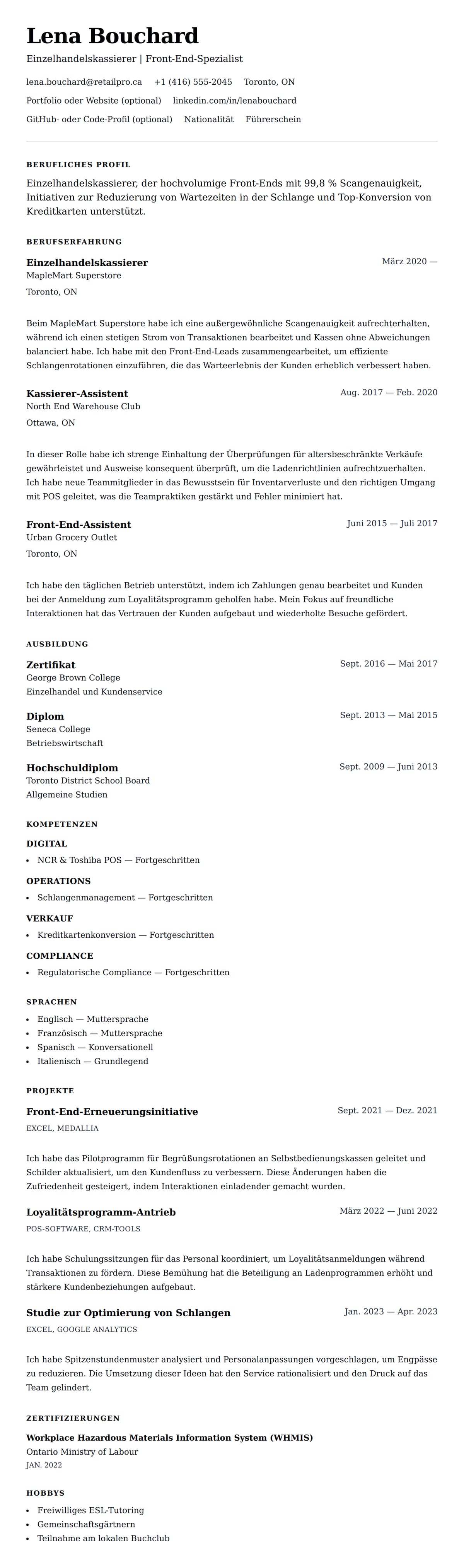 Lebenslaufvorschau für Lebenslauf-Beispiel für Einzelhandelskassierer