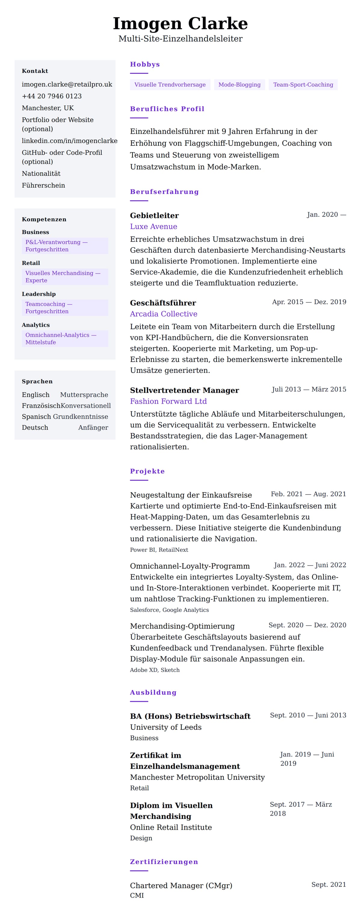 Lebenslaufvorschau für Lebenslauf-Beispiel für Einzelhandelsleiter