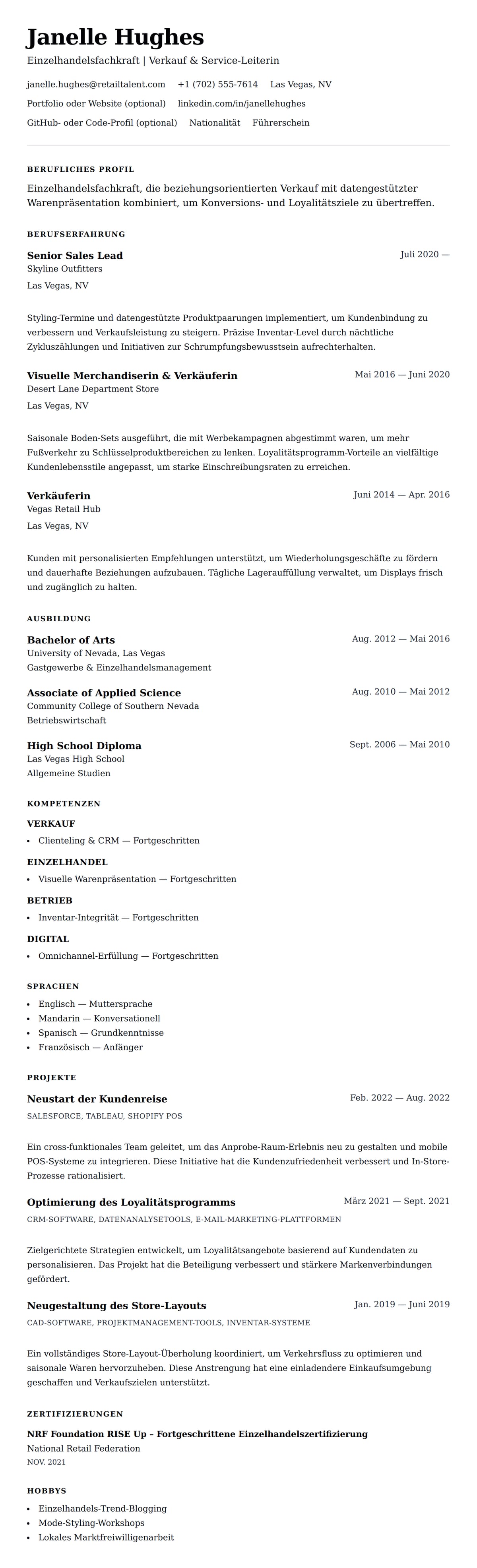 Lebenslaufvorschau für Lebenslauf-Beispiel für Einzelhandelsfachkraft