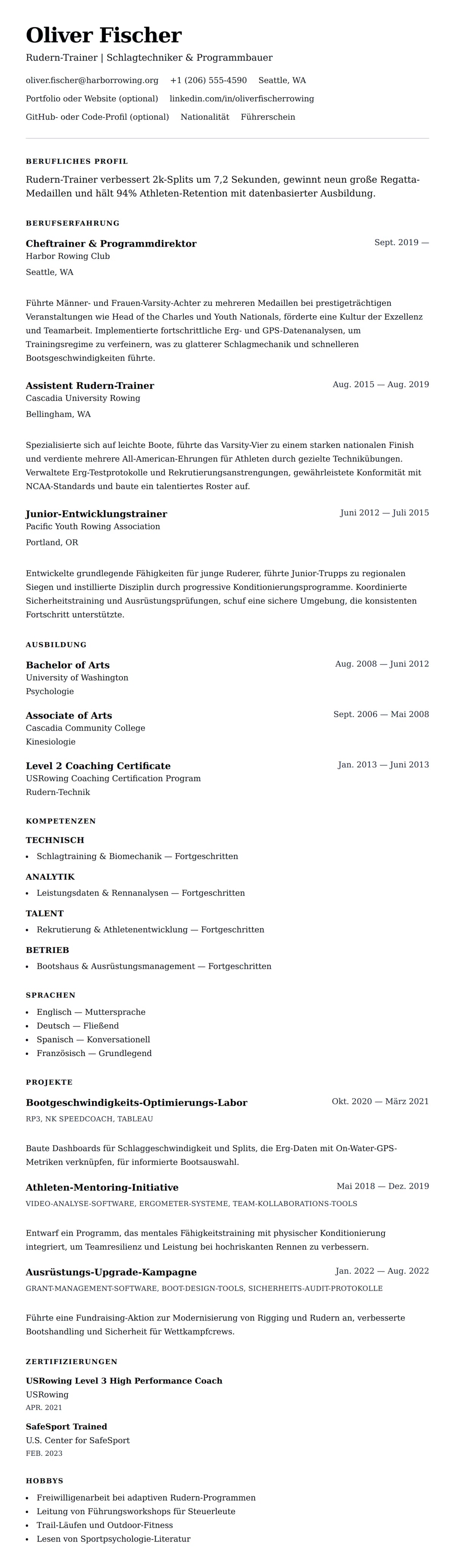 Lebenslaufvorschau für Beispiel-Lebenslauf Rudern-Trainer
