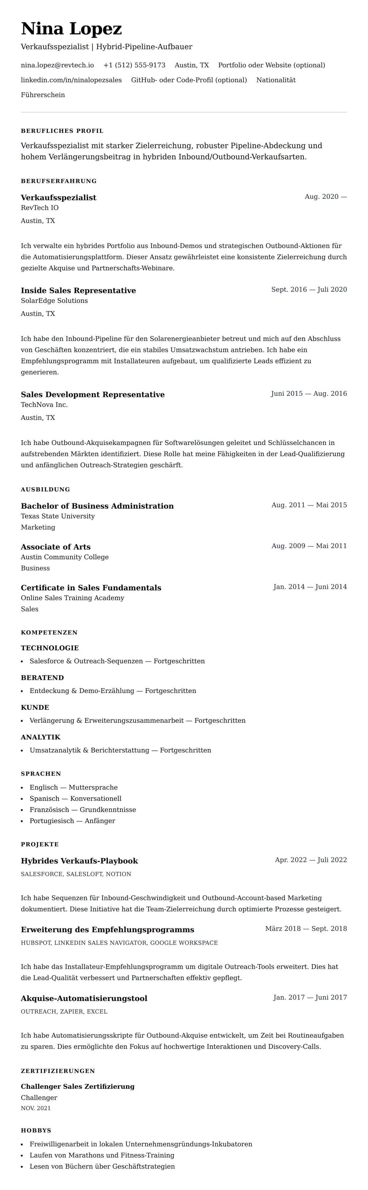 Lebenslaufvorschau für Verkaufsspezialist Lebenslaufbeispiel