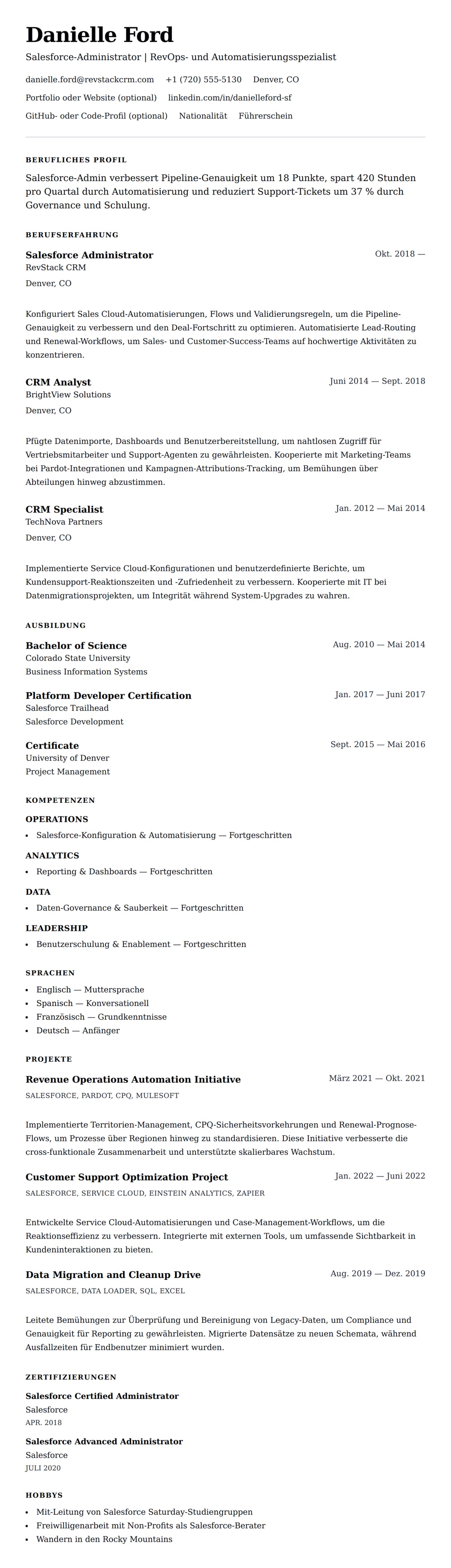 Lebenslaufvorschau fĂĽr Salesforce Admin Lebenslaufbeispiel