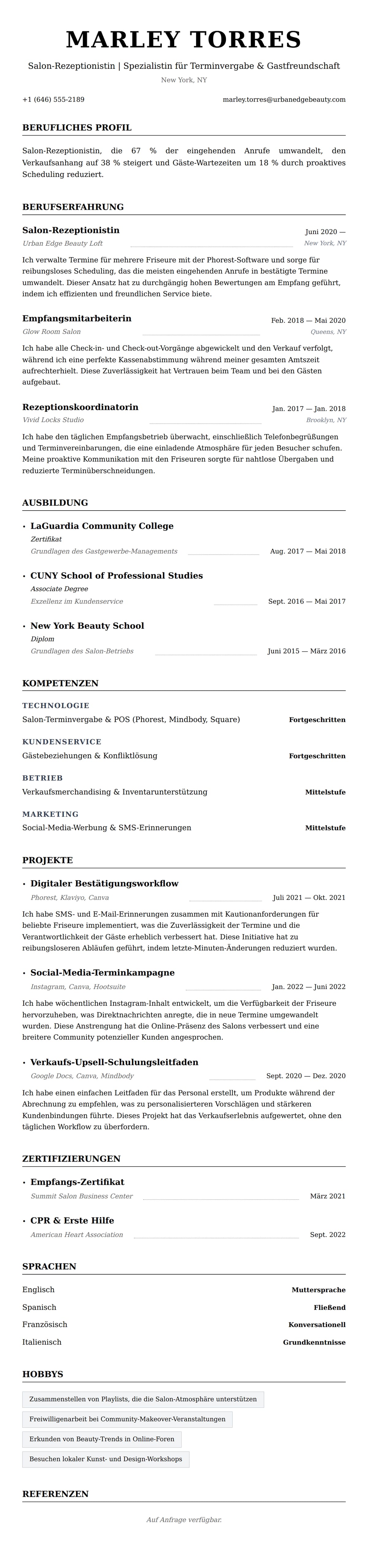 Lebenslaufvorschau für Beispiel-Lebenslauf für Salon-Rezeptionistin