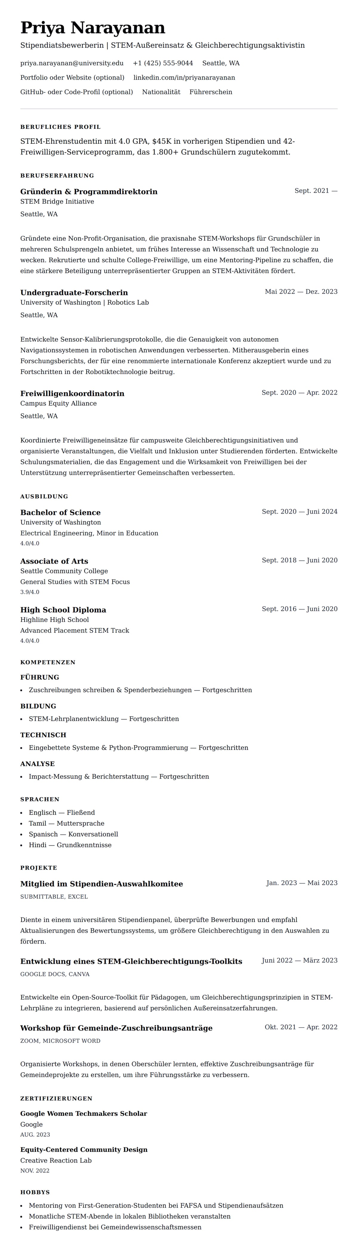 Lebenslaufvorschau für Stipendien-Lebenslauf Beispiel