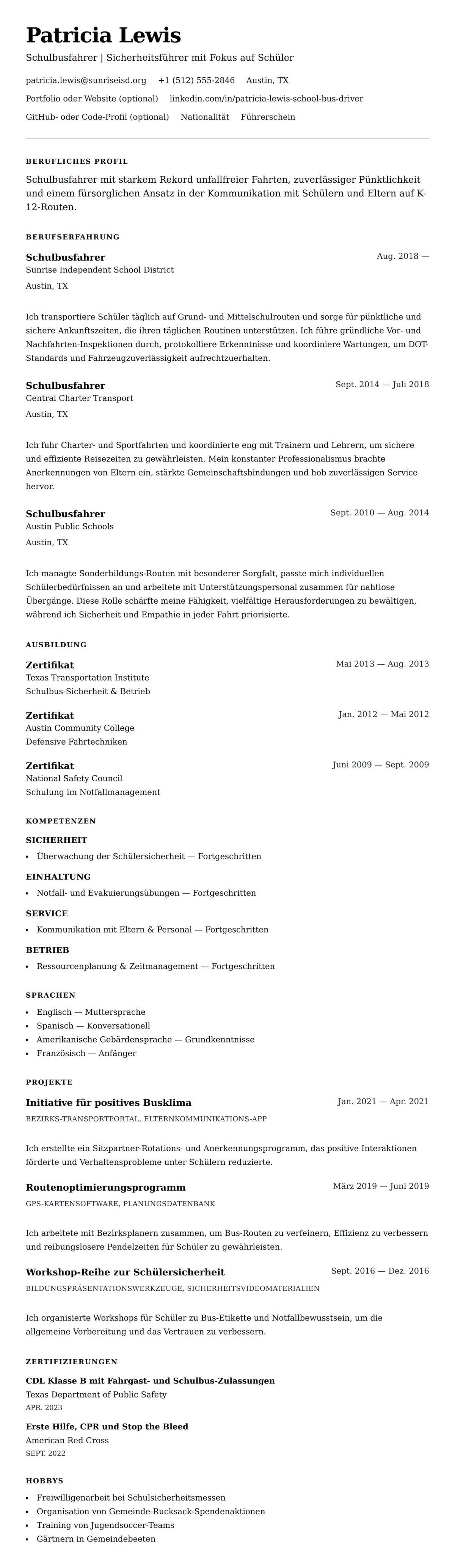 Lebenslaufvorschau für Lebenslaufbeispiel für Schulbusfahrer