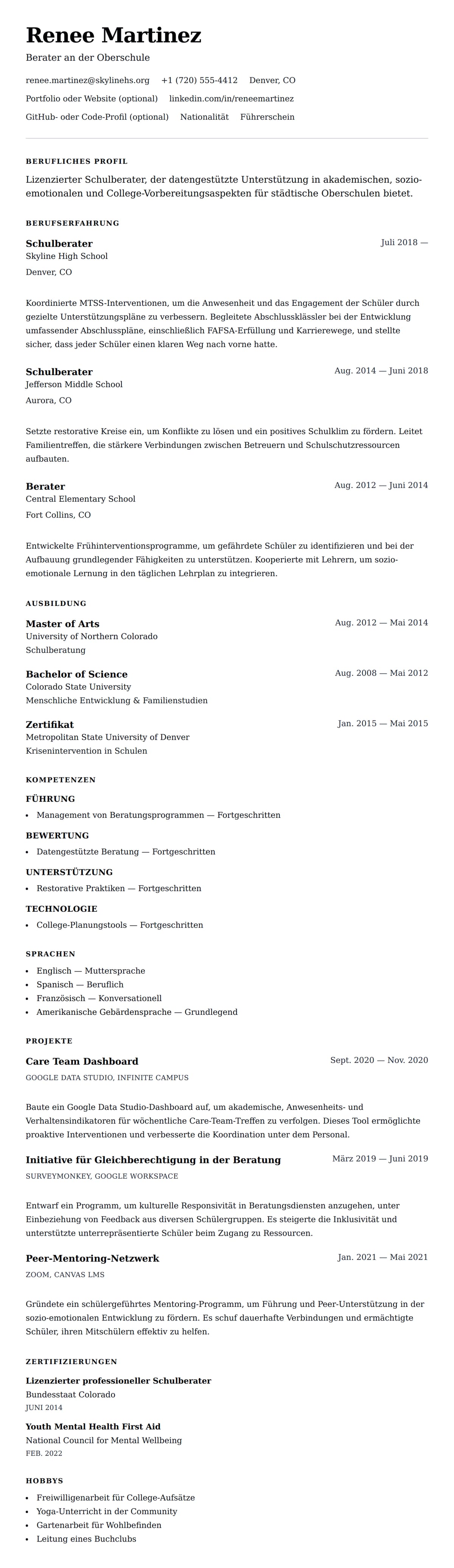 Lebenslaufvorschau für Beispiel-Lebenslauf für Schulberater