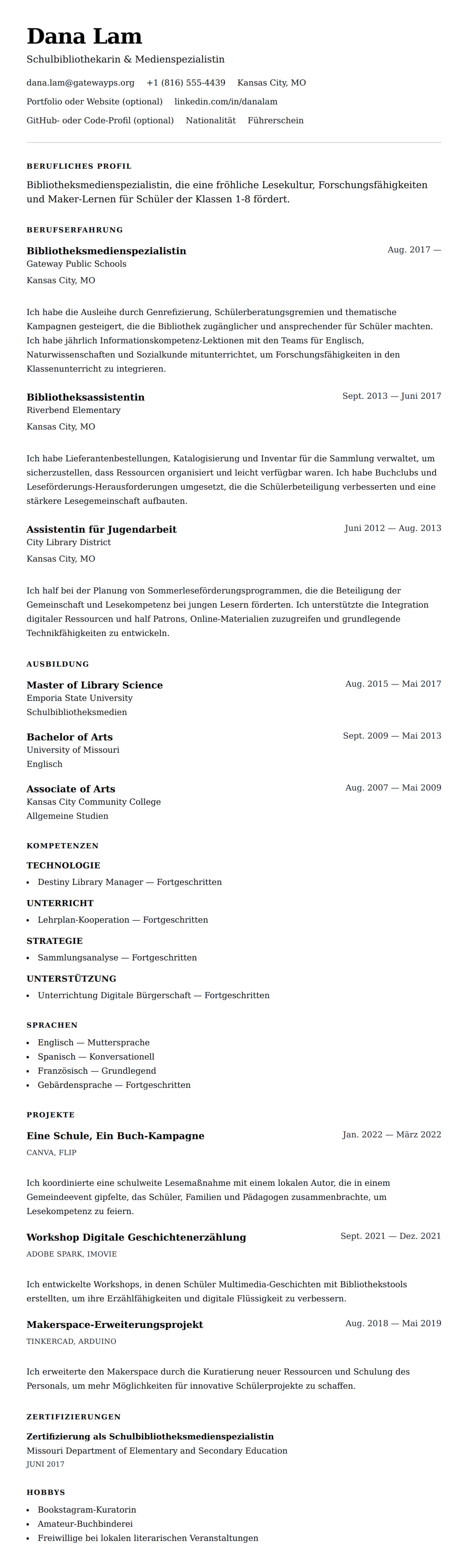 Lebenslaufvorschau für Bibliothekar-Lebenslauf-Beispiel