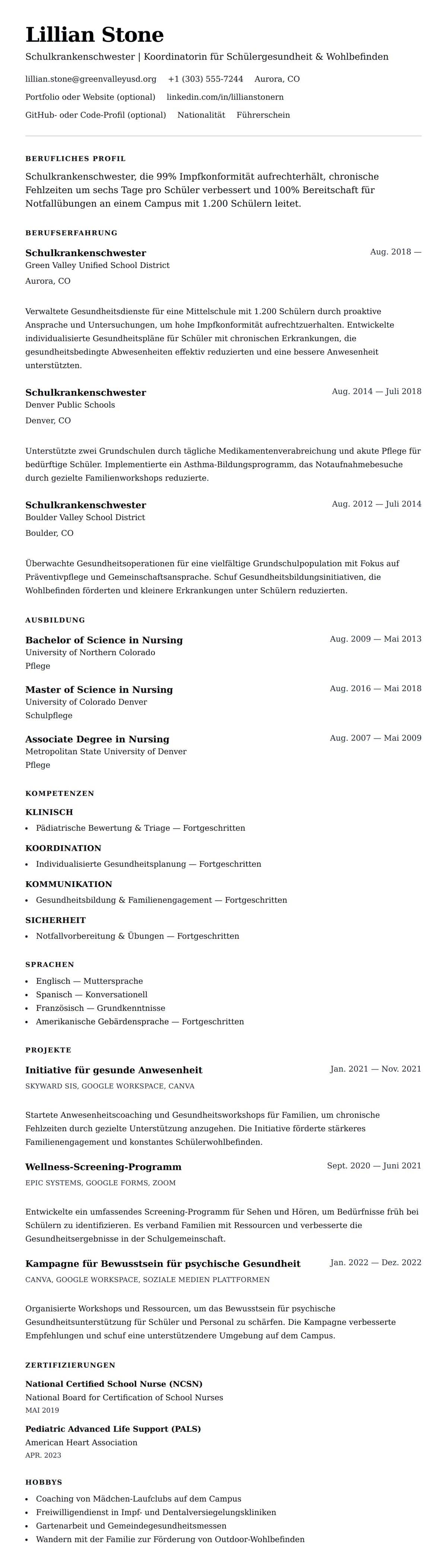 Lebenslaufvorschau für Schulkrankenschwester Lebenslaufbeispiel