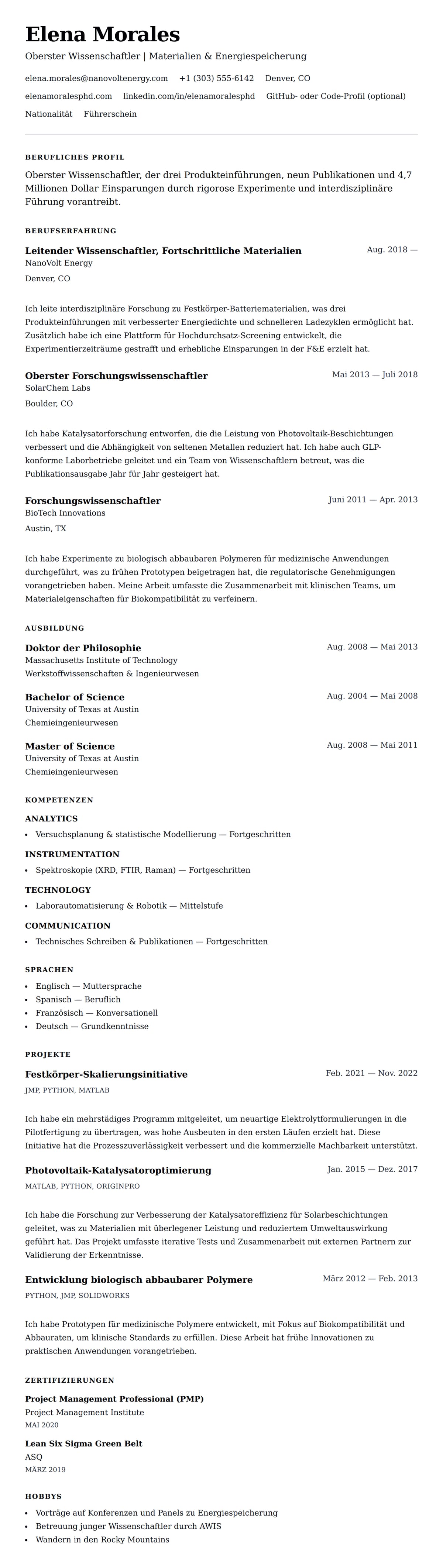 Lebenslaufvorschau für Beispiel für einen Wissenschaftler-Lebenslauf