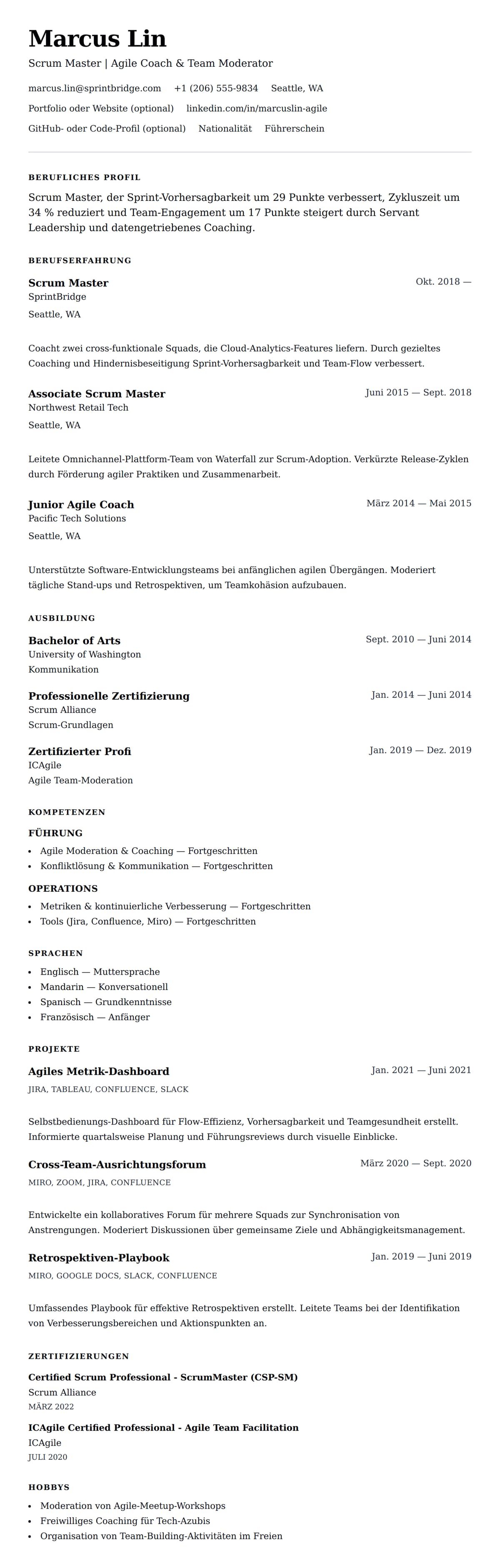 Lebenslaufvorschau für Scrum Master Lebenslauf-Beispiel