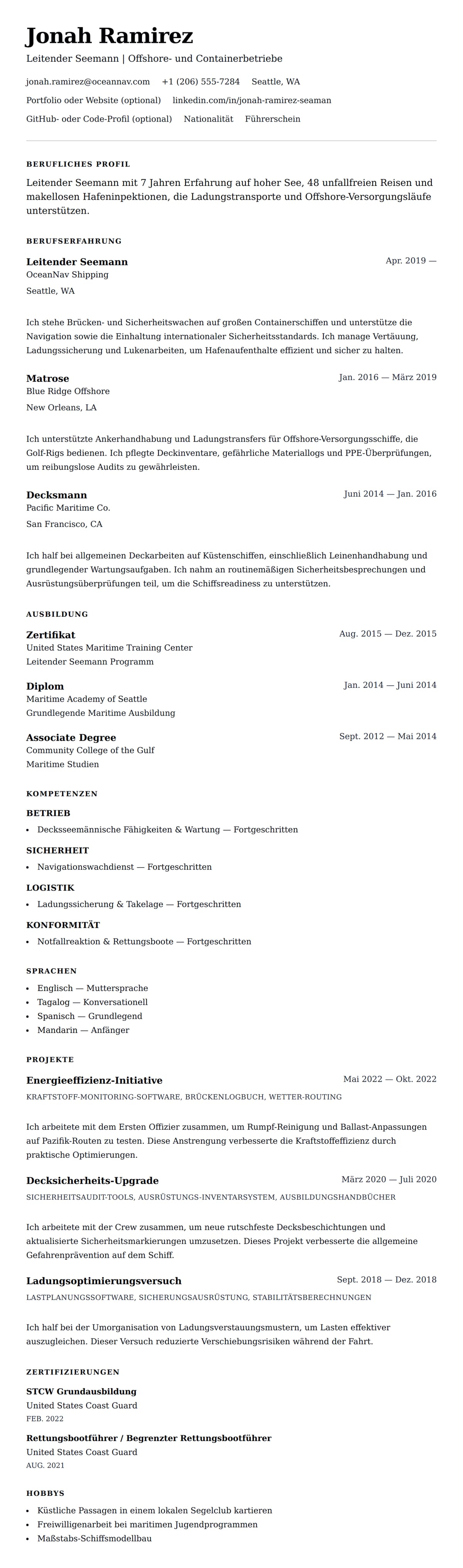 Lebenslaufvorschau für Seemann Lebenslauf Beispiel