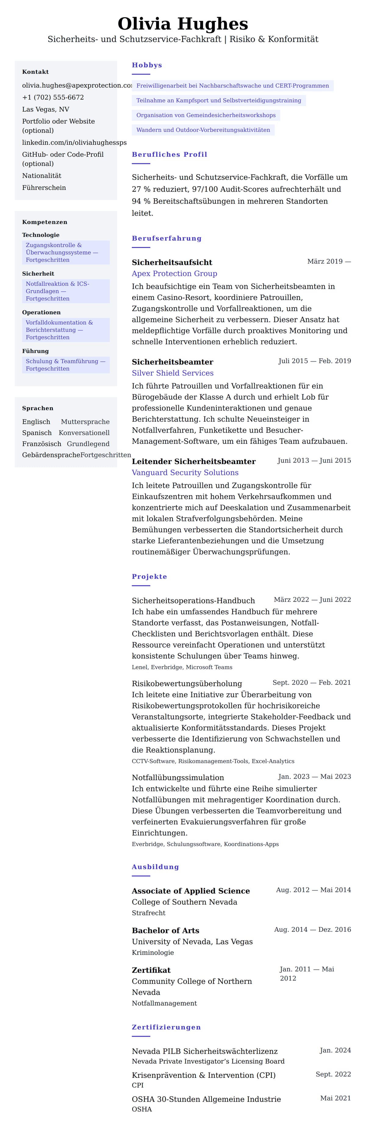 Lebenslaufvorschau für Lebenslauf-Beispiel für Sicherheits- und Schutzservice-Fachkraft
