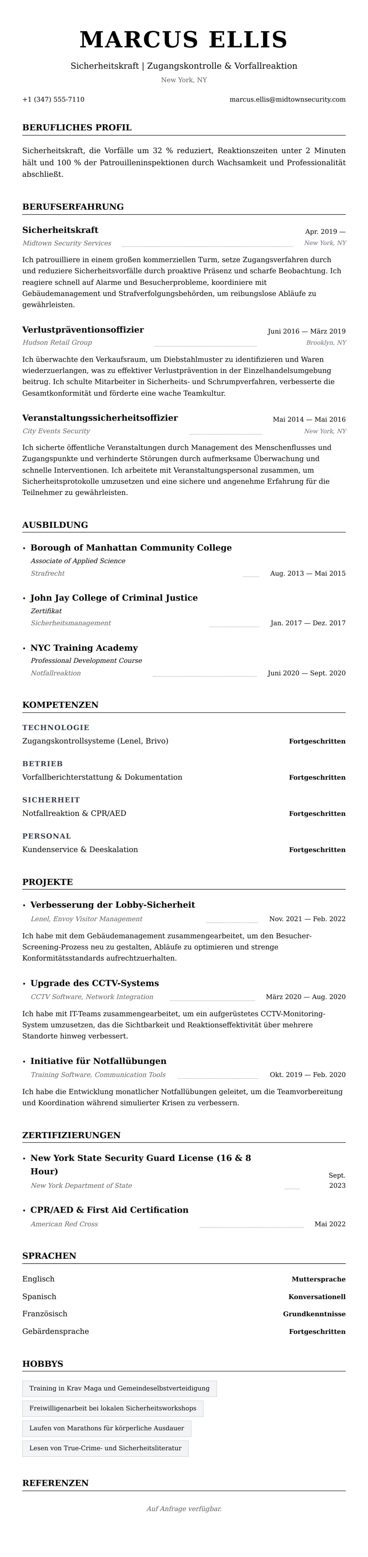 Lebenslaufvorschau für Lebenslauf-Beispiel für Sicherheitskraft