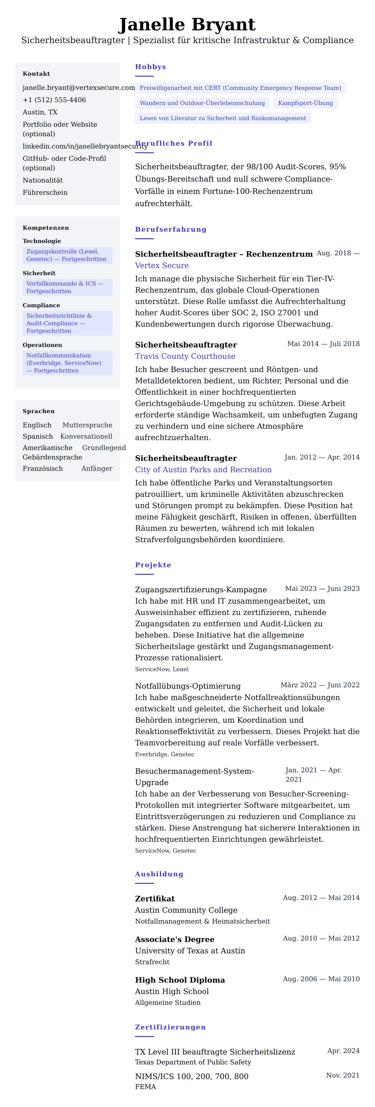 Lebenslaufvorschau für Sicherheitsbeauftragter Lebenslauf-Beispiel