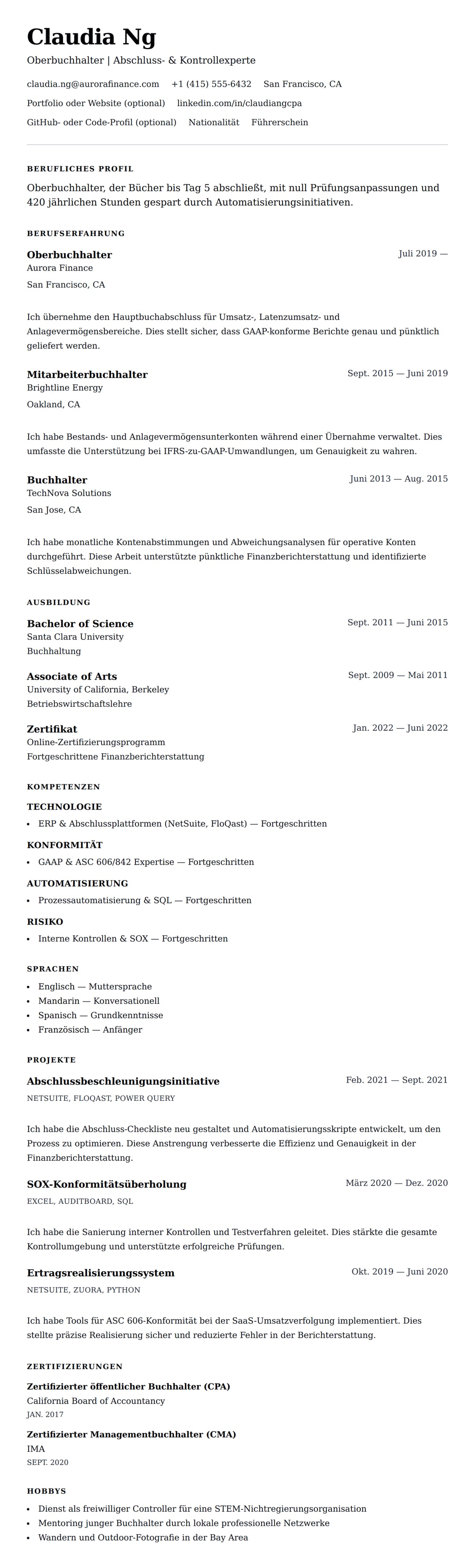 Lebenslaufvorschau für Lebenslaufbeispiel für Oberbuchhalter
