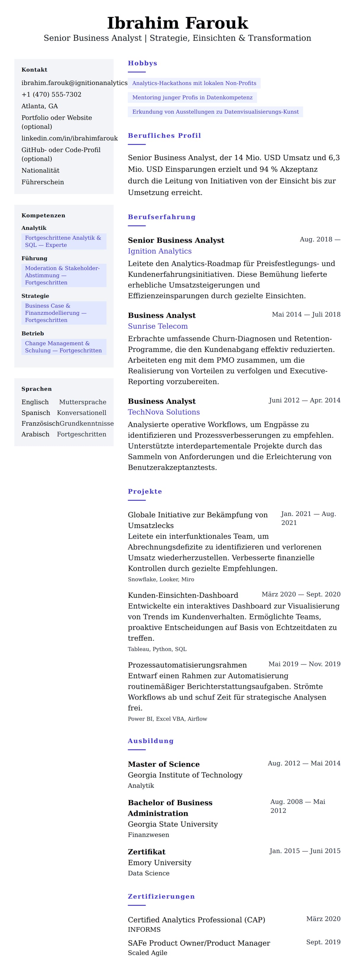 Lebenslaufvorschau für Beispiel-Lebenslauf Senior Business Analyst