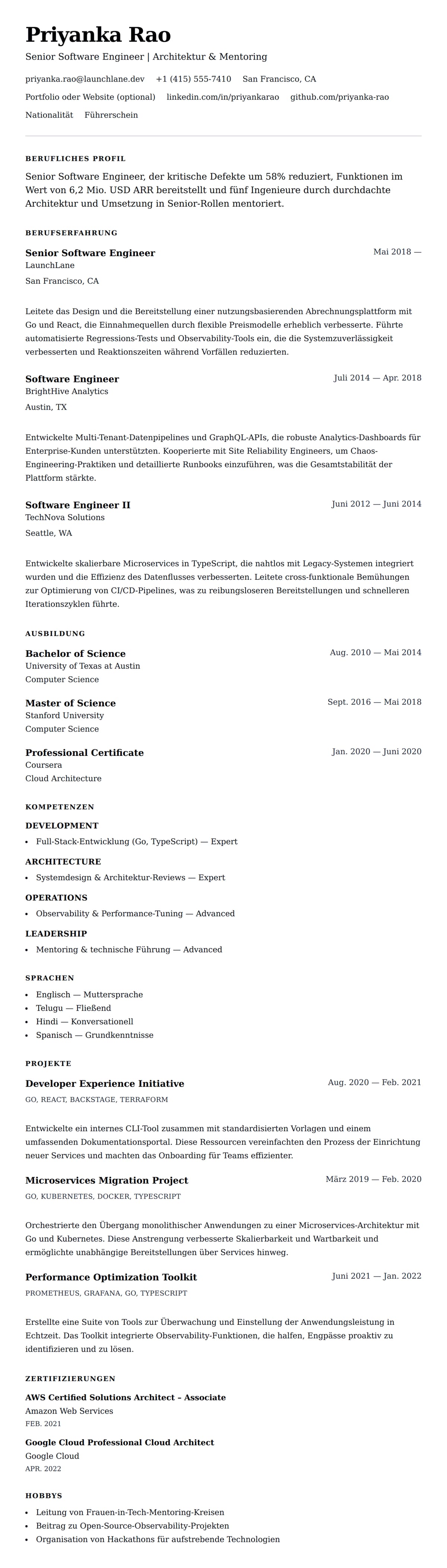 Lebenslaufvorschau für Beispiel-Lebenslauf für Senior Software Engineer